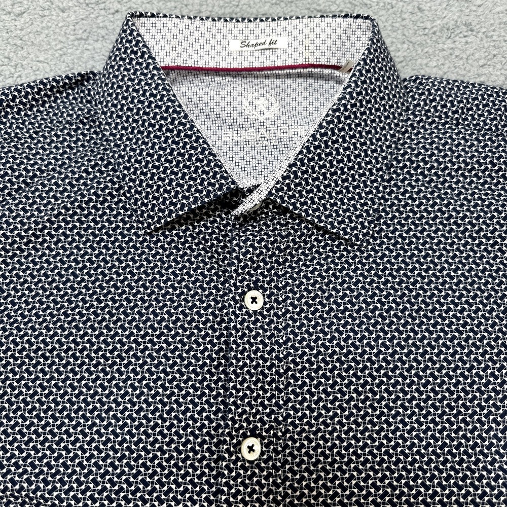 Bugatchi Uomo Shirt Mens XXL Shaped Fit Blue White Geometric All Day Casual Prep - Picture 2 of 15
